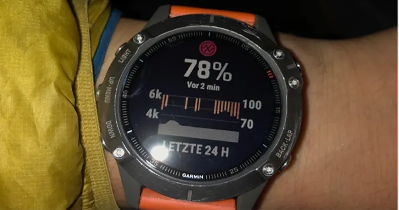 Op een Garmin-smartwatch om de pols is een score van 78% te zien, samen met een grafiek en de tekst ‘LETZTE 24 H’, die de activiteitsgegevens van de afgelopen 24 uur weergeeft. Het horloge heeft een oranje band en er is gedeeltelijk een gele mouw zichtbaar.